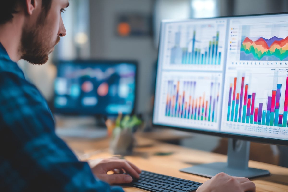A person working at a desk, looking at large computer monitors displaying colorful bar and line charts with data visualizations offering Nonprofit CRM landscape 2026 insights in an office setting.