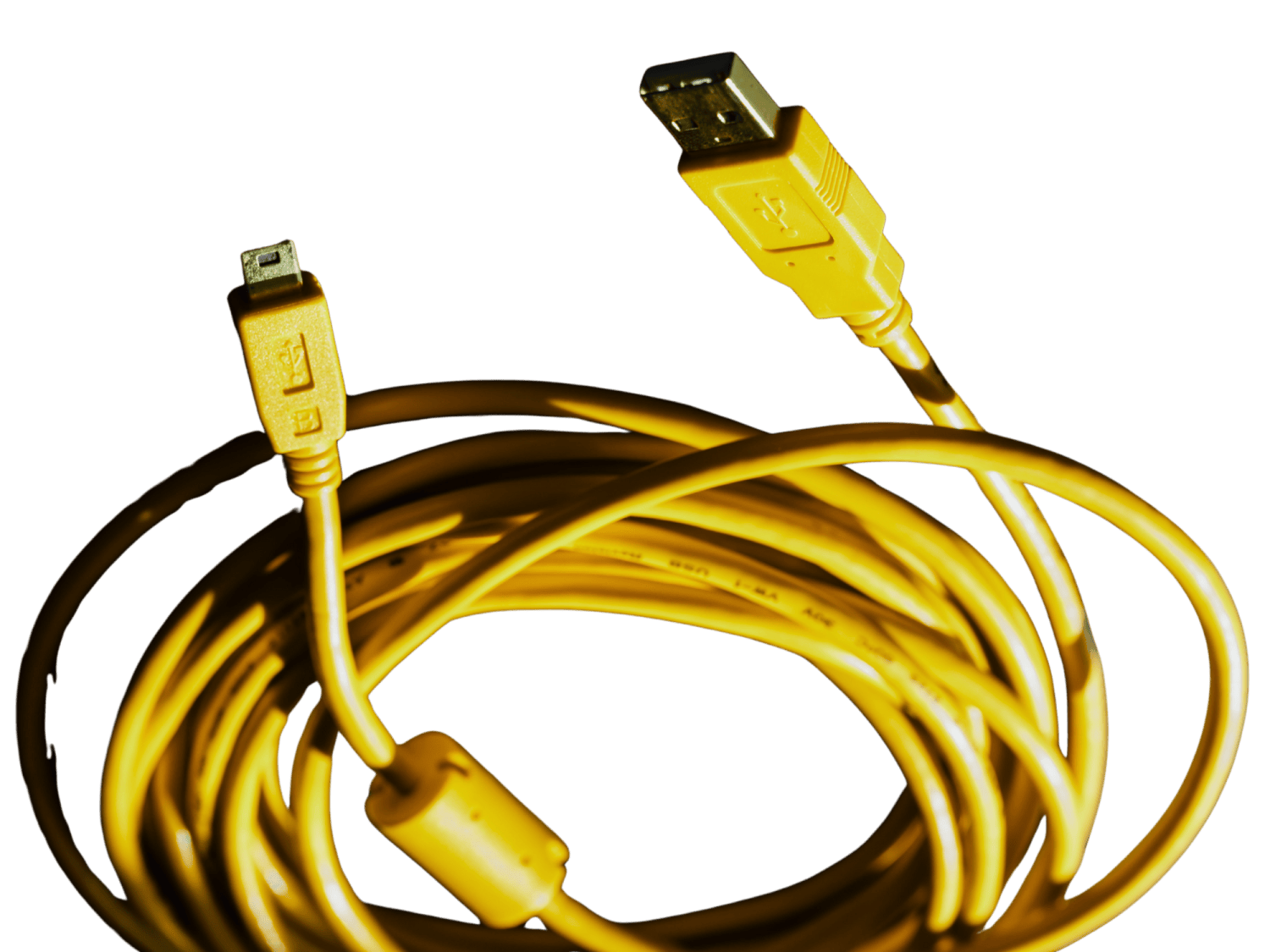 A yellow USB cable with one standard USB-A connector and one mini-USB connector, coiled loosely against a white background—perfect for connecting devices to watch CRM selection for nonprofits on demand video.
